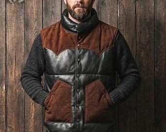 Men’s Black Lambskin Leather Puffer Vest, Sleeveless Down Jacket, Classic Winter Outerwear for Men