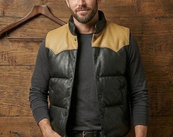 Men's Black Beige Lambskin Leather Puffer Vest, Sleeveless Classic Jacket