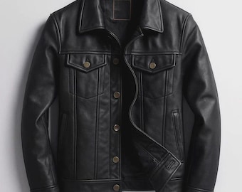 Men&#39;s Black Lambskin Leather Trucker Jacket: Handmade Biker Style