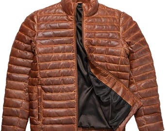Men&#39;s Quilted Lambskin Leather Puffer Jacket: Handmade Moto Style Winter Coat