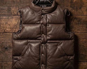 Men's Brown Lambskin Leather Puffer Vest, Quilted Biker Waistcoat