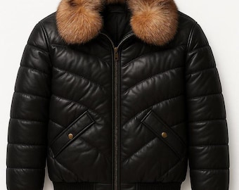 Men&#39;s Leather Puffer Bomber Jacket: Shearling Collar, Biker Style