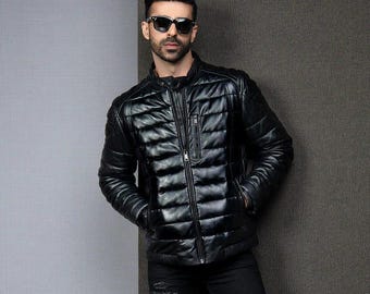 Black Sheepskin Leather Puffer Jacket: Men&#39;s Winter Coat