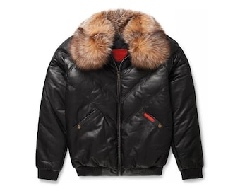 Lambskin Leather Bomber Jacket: Faux Fur Collar, Vintage Style Winter Coat