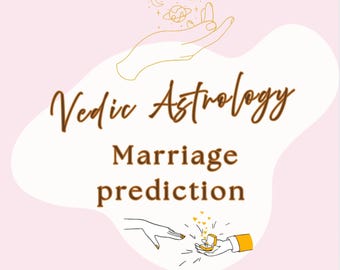 Peut inclure: Graphique rose clair avec les mots "Vedic Astrology" et "Marriage prediction" en script marron. L'image comprend des dessins au trait de mains, de planètes et d'un écrin à bagues avec des cœurs.