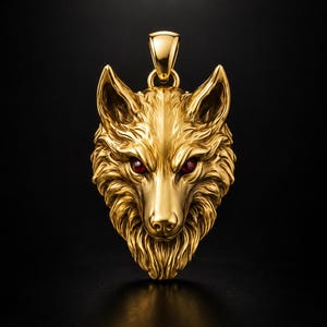 May include: A gold-toned pendant shaped like a wolf head with detailed fur texture and two small, dark red circular stones set as eyes. The pendant features a polished finish and includes a top bail for attachment to a chain or necklace.
