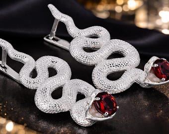 Boucles d'oreilles serpent en argent sterling, pierre précieuse grenat, bijoux gothiques inspirés par la nature (longueur : 23 mm)