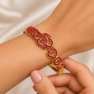 Gold Heart Bracelet with Sparkling Ruby Stones, Elegant Heart Bangle, Women's Jewelry