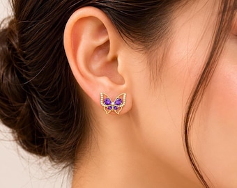 Boucles d'oreilles papillon en argent sterling et améthyste, bijoux inspirés par la nature