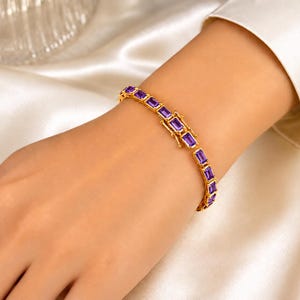 Sterling Silver Amethyst Stone Tennis Bracelet, Rectangular Gemstone Jewelry for Women