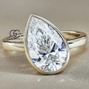 3.00Ct Pear Cut Lab Grown Diamond Ring, 14K Yellow Gold Bezel Set Engagement Ring, Eco Friendly Diamond Solitaire Ring, Wedding Ring for Her
