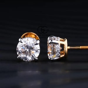 Round Cut Lab Diamond Stud Earrings, Hidden Halo Stud Earrings 14k Yellow Gold, CVD Diamond Earrings, Lab Diamond Halo Studs, Gift For Her