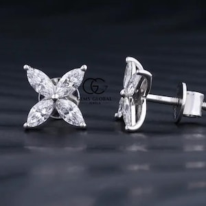 Marquise Cut Lab Grown Diamond Studs, Minimalist Floral Earrings, 14K Solid Gold Studs, Lab Diamond Earrings, Anniversary Gift, Wedding Gift