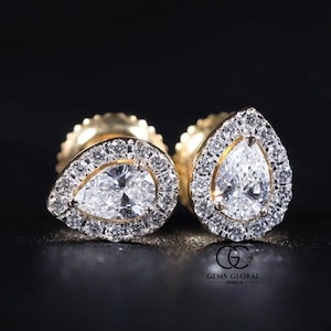 Pear Cut Lab Diamond Halo Stud Earrings, 14k Yellow Gold Earrings for Women, Lab Diamond Wedding Earrings, Engagement Gift For Her