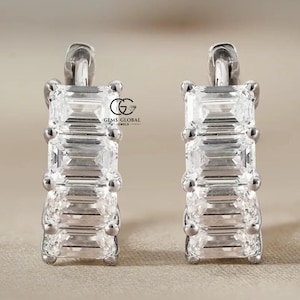 Emerald Cut Lab Grown Diamond Hoop Earrings, 14K White Gold Diamond Bridal Hoops, Lab Diamond Earrings For Women, Prong Set Hoop Earrings