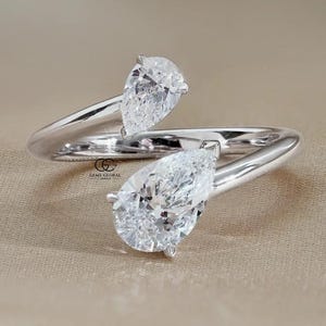 Pear Cut Lab Grown Diamond Cuff Ring: 14K Real Gold Bypass Ring