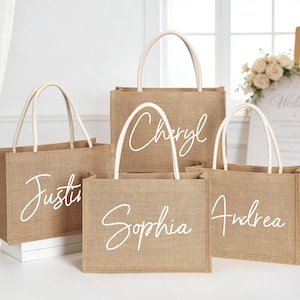 Personalisierte Brautjungfer Geschenk Tragetasche Benutzerdefinierte Jute Tasche Jute Strandtasche Strandtasche Bachelorette Party Brautjungfer Vorschlag Brautparty Geschenke