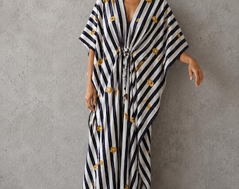 Striped Floral Cotton Kaftan Dress | Boho Beach Resort Cover Up, Handmade Maxi Lounge Caftan