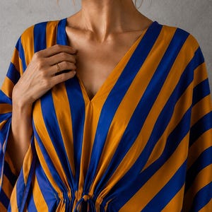 May include: A kaftan featuring a bold pattern of alternating vertical stripes in vibrant mustard yellow and royal blue. The garment has a deep V-neckline and a gathered waist detail with thin fabric ties centered at the front, creating a draped effect.