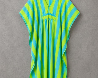 Lime Green Blue Striped Kaftan Dress | Women's Maxi Beach Cover Up
