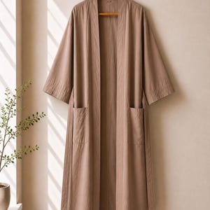 Long Cotton Kimono Robe, Taupe-Brown Loungewear, Bridesmaid Spa Robe Daily wear