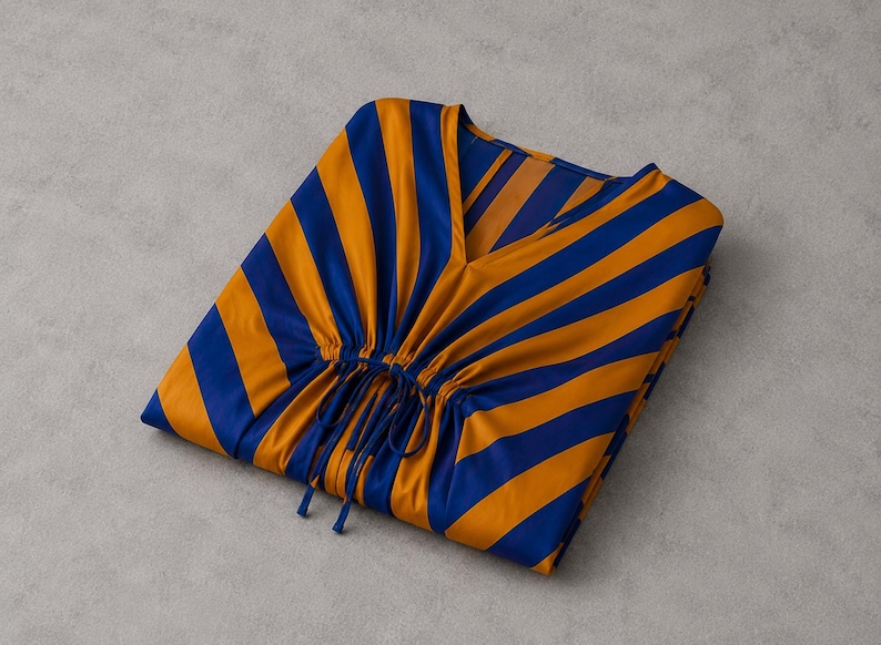 May include: A V-neck tunic featuring a bold pattern of alternating royal blue and golden orange diagonal stripes. The garment includes a gathered waist detail with thin, matching blue fabric drawstrings that hang down from the center front.