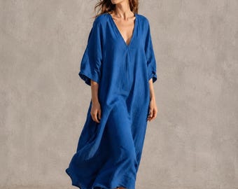 Royal Blue cotton Kaftan Maxi Dress, Loose Fit Beach Cover Up, V Neck Resort Wear