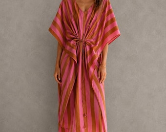 Pink Brown Striped Cotton Kaftan Dress | Bohemian Beach Cover-Up, Resort Wear.
