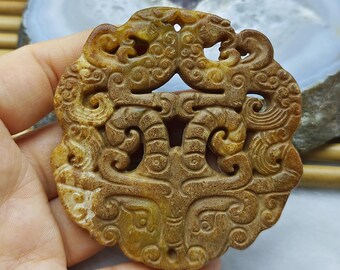 Double Face Carved phoenix with sheep Jade Pendant, gemstone pendant