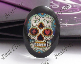 2pcs of the 18x25mm Oval Glass Cabochons Flower Skull, jewelry Cabochons finding beads,Glass Cabochons, Skull Heads--10