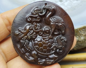 Carving Dragon tortoise with red-crowned crane jade pendant,Turtle Amulet