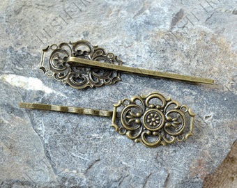 Bronze tone bobby pins flower filigree pad,hairpin findings,flower Hair findings ,Hair Grips findings