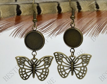 2 pairs New style bronze tone Earwires Hook With Round Cabochon Pad, Butterfly Beautiful Detail, Earrings hook,earrings finding base