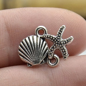14x18 MM Silver Tone Shell with Starfish Connector, jewelry findings,Shell charm,Shell pendant,two holes Charms
