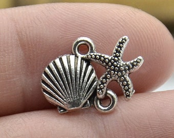 Silver Tone Shell Starfish Connector Charm, Jewelry Findings (14x18 MM)
