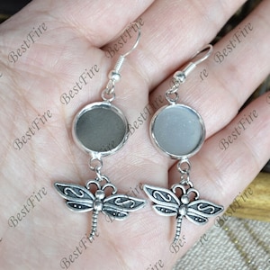 6pcs new style Silver Tone Earwires Hook With Round Cabochon Pad,dragonfly Beautiful Detail, Earrings hook,earring finding base