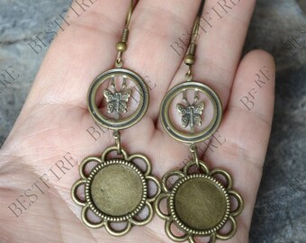 2 pairs New style Butterfly bronze tone Earwires Hook With Round Cabochon bezel,Butterfly Beautiful Detail,Bezel Tray Earring finding