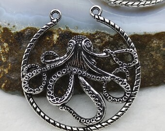 Silver Tone Octopus Pendant Charm, Two Holes, Alloy (39x41mm)