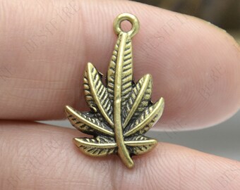 Bronze Tone Marijuana Leaf Charm, Alloy Pendant (15x23MM)