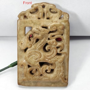 Double Face Rectangle Carved Dragon Jade Pendant,Double Face Carved Dragon jade pendant