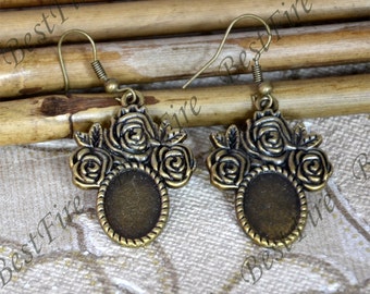 2pairs Antiqued brass Flower Earwires Hook With oval Cabochon Pad, Earrings hook,earrings finding base,earring base findings