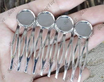 Platinum Tone Hair Comb, 12mm Round Bezel, Bridal Hair Slide