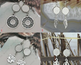 Silver Tone wings earring, Ear wires Hook With Round Cabochon Pad,earring bezel,Earrings hook,Earring blank Bezel earring Settings Base