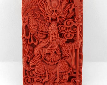 Red Cinnabar Carved dragon with Guan Yu pendant,Carving dragon Stone pendant,Cinnabar Pendant