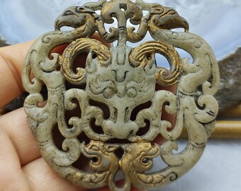 Hollow Double Face Carved Dragon phoenix with cattle jade pendant