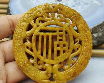 Yellow Double Face Carved dragon and phoenix FU jade pendant
