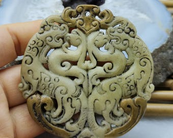 Double Face Carved Dragon phoenix jade pendant