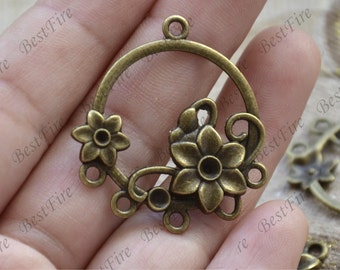 Bronze Flower Circle Connector Pendant Charms, Earring Components (10 pcs)