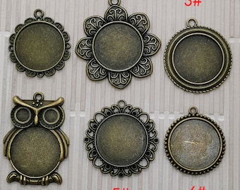 Bronze Tone Cabochon Pendant Tray, Charm Bezel Setting, Lacework Findings