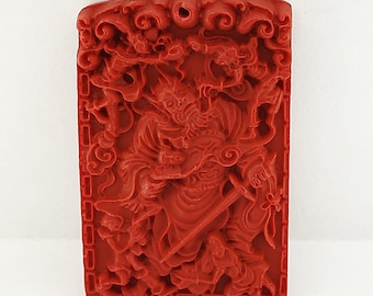 Vintage Red Cinnabar Carved Zhong Kui pendant,Carving Zhong Kui Stone pendant,Cinnabar Pendant
